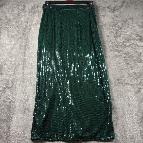 H&M Women Skirt Midi Sequins High Slit Sexy Formal Stretch Green Size 2 J150 - Picture 4 of 12